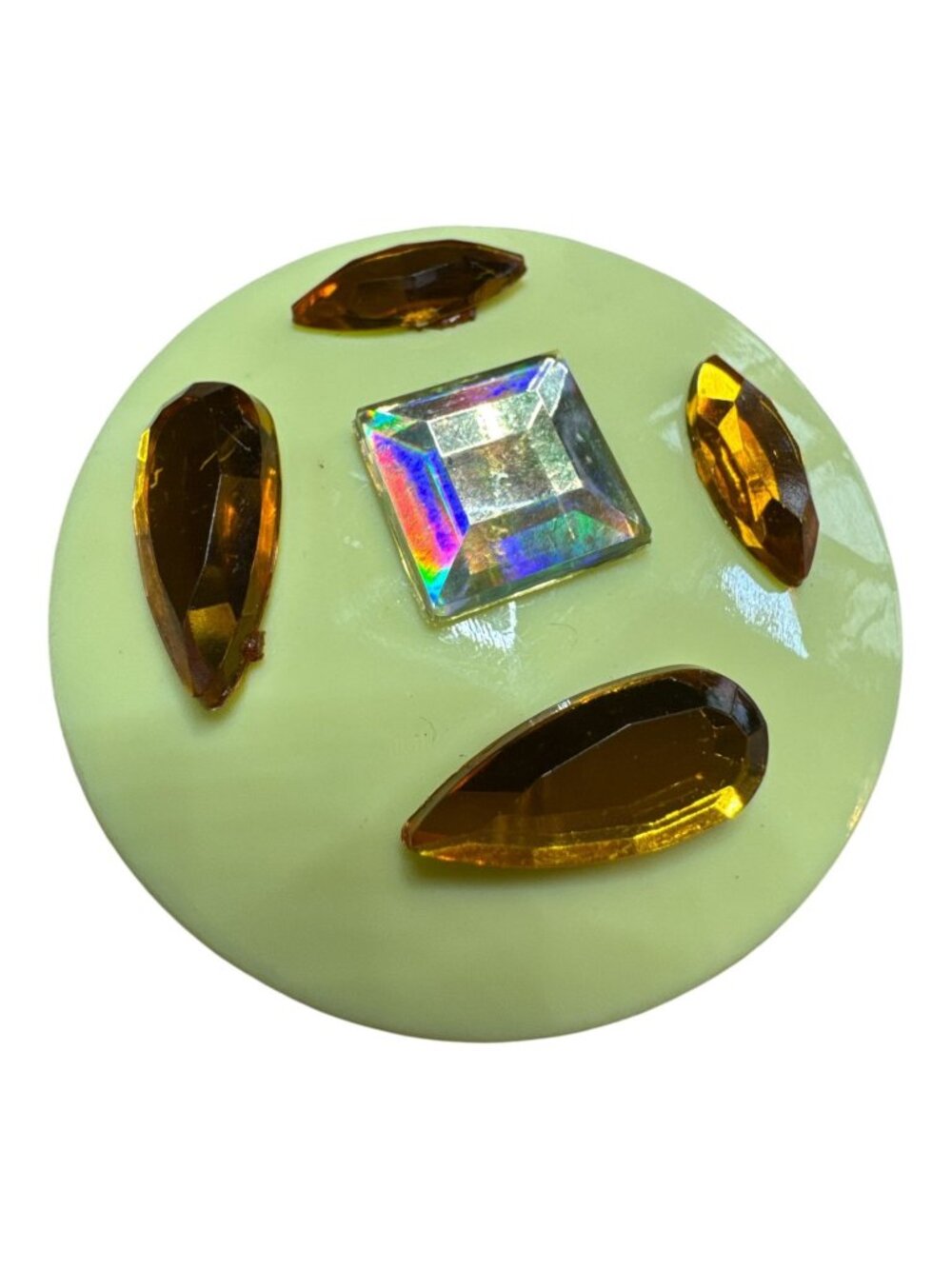 Vintage Green Pin With Amber & Iridescent Gemstone Accents Round Retro Style